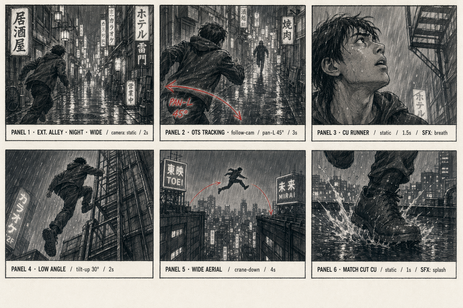 Professional 6-panel film storyboard