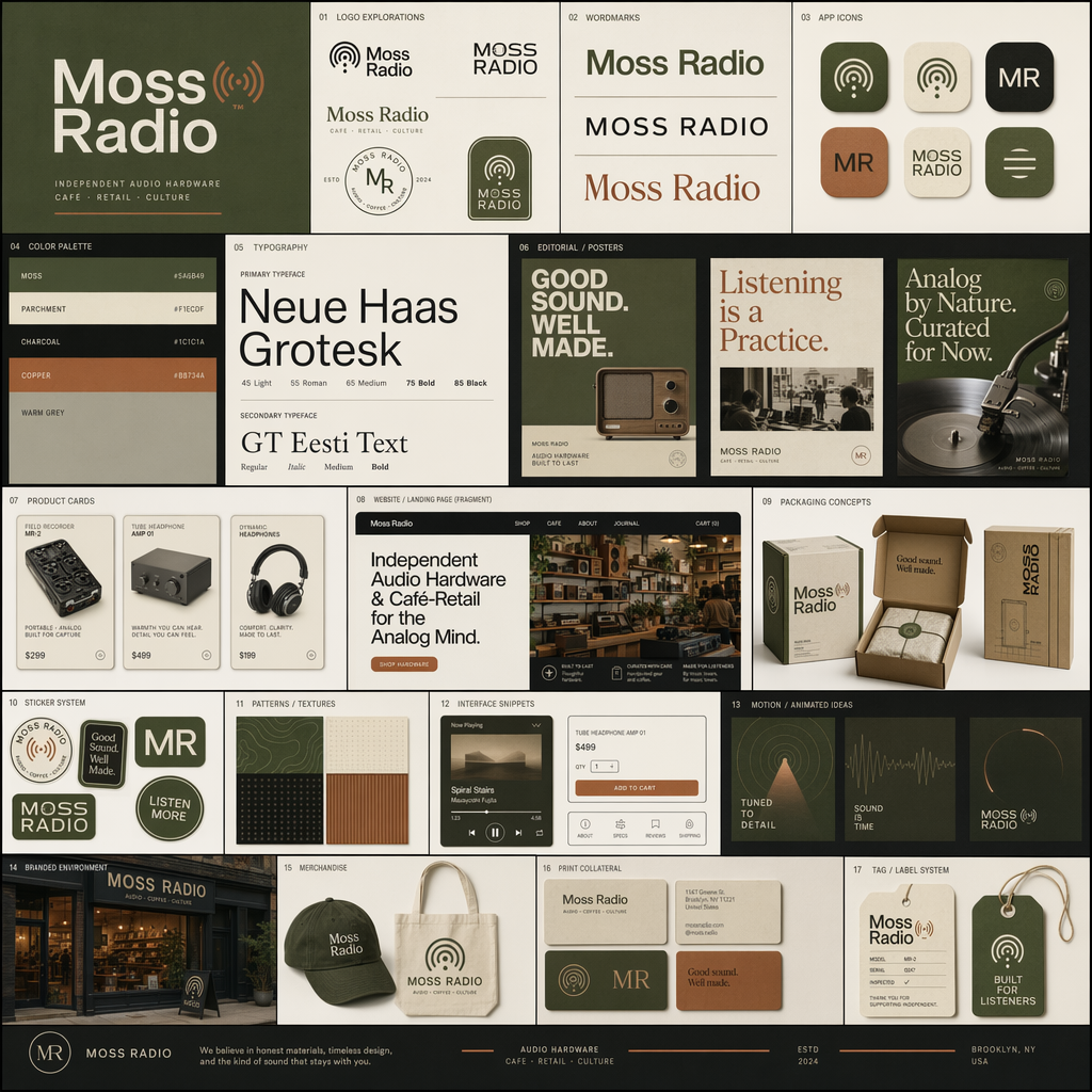Moss Radio brand identity showcase board