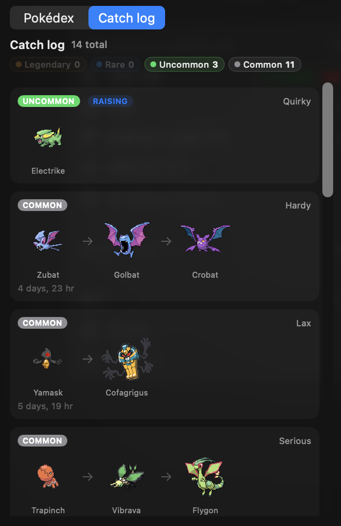 Catch log — one row per Pokémon raised