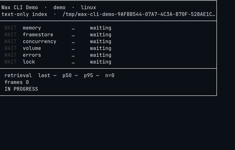 Wax CLI demo TUI — live retrieval time, memory, FrameStore, concurrency, volume, errors, and exclusive lock