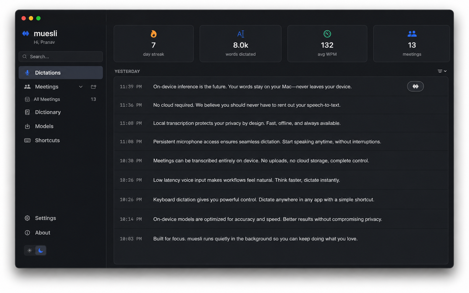 Muesli interface showing dictations and meeting history