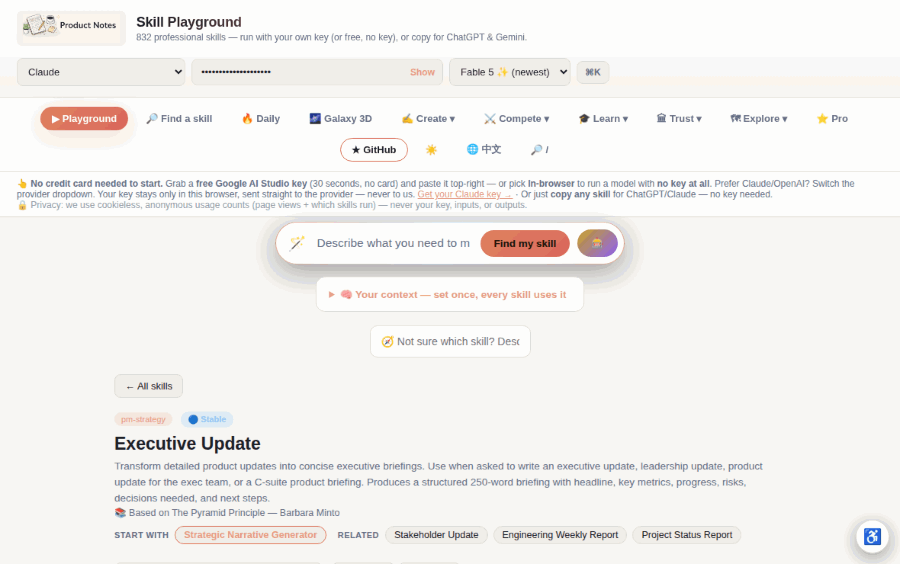 The Skill Playground: pick the Executive Update skill, fill in a few notes, hit run, and watch a structured executive briefing stream out — all in the browser
