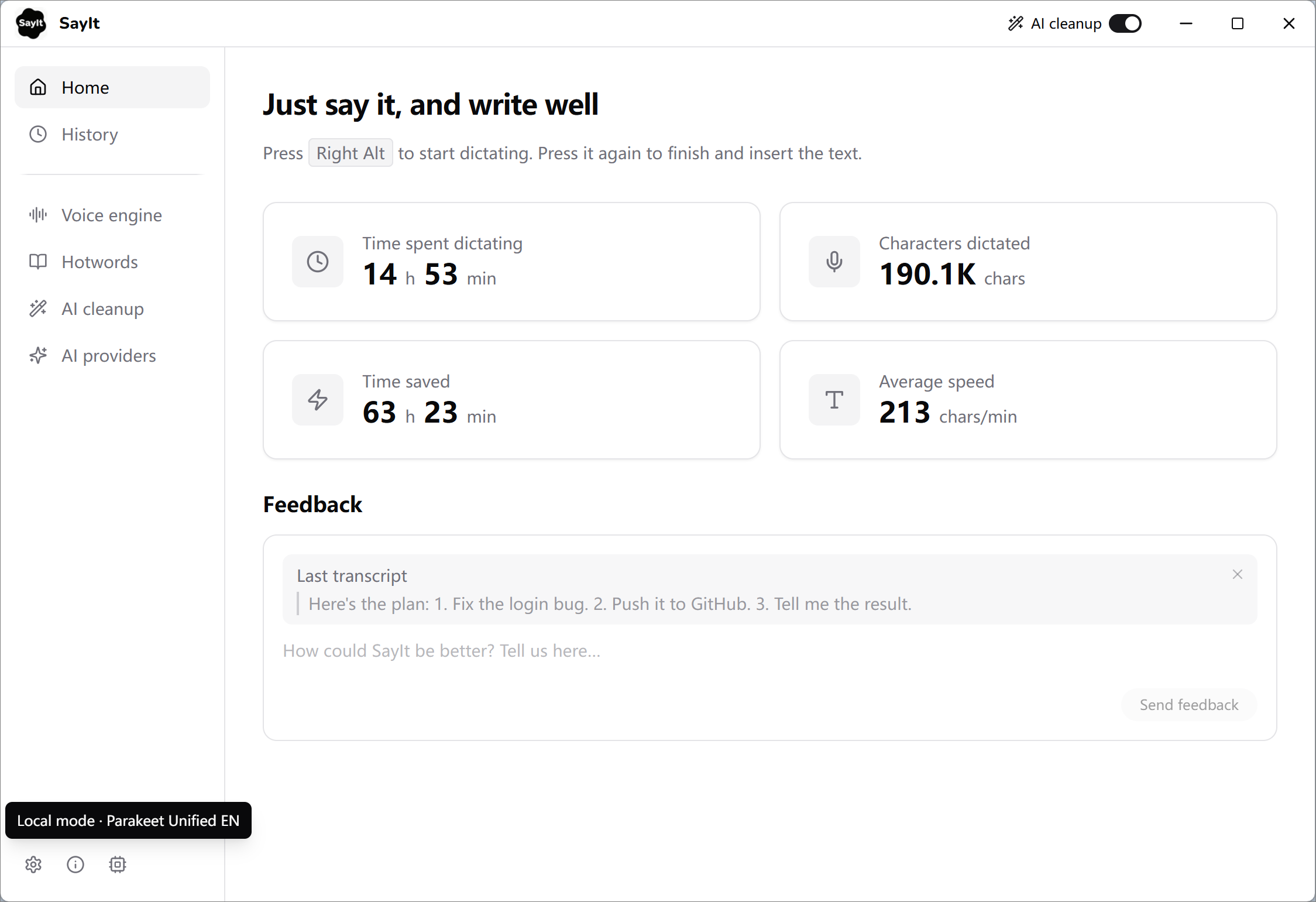 SayIt home screen showing dictation stats and a feedback box