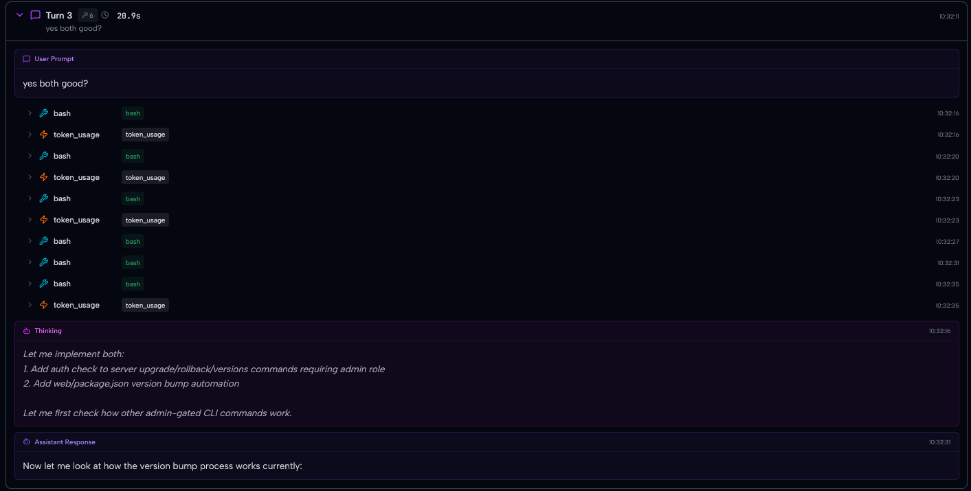Turn expanded showing user prompt, thinking, and response