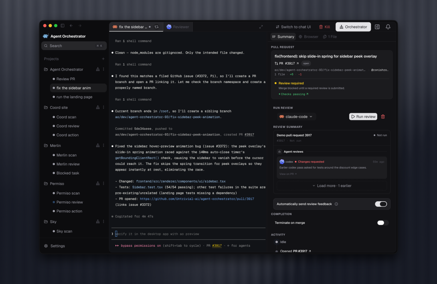 Worker session with pull request, CI, and agent review state in Agent Orchestrator