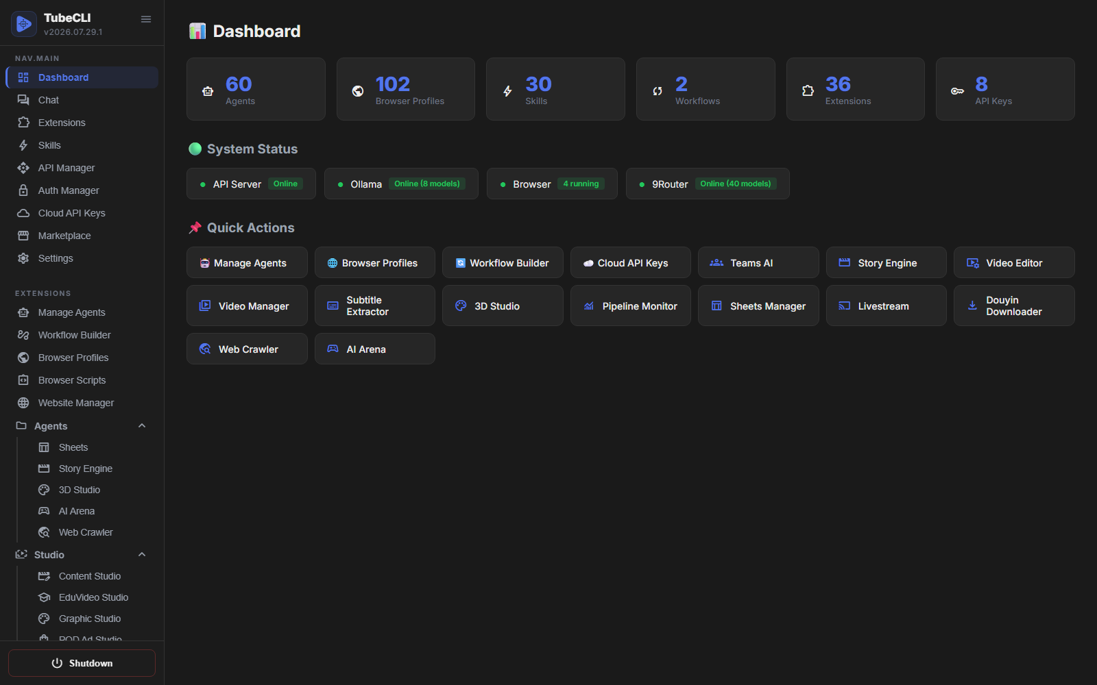 TubeCLI web dashboard: agent, browser profile, skill, workflow and extension counts; live status for the API server, local Ollama and browser engine; quick actions for the workflow builder, teams, 3D studio, subtitle extractor, web crawler and studios
