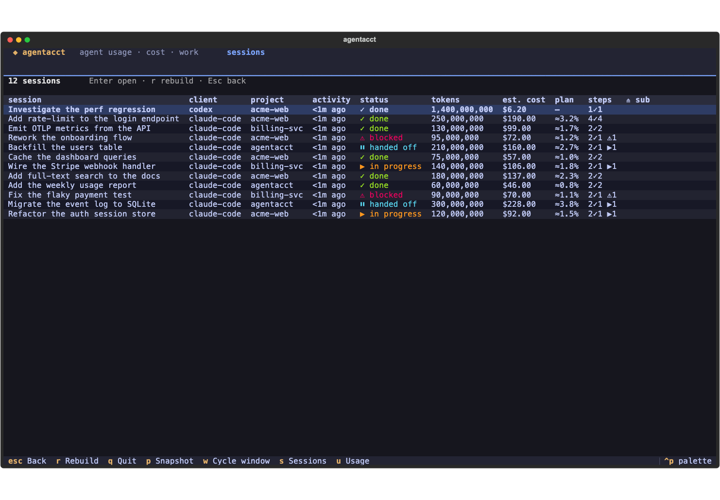 agentacct tui sessions list — per-session tokens, cost, status, and step counts