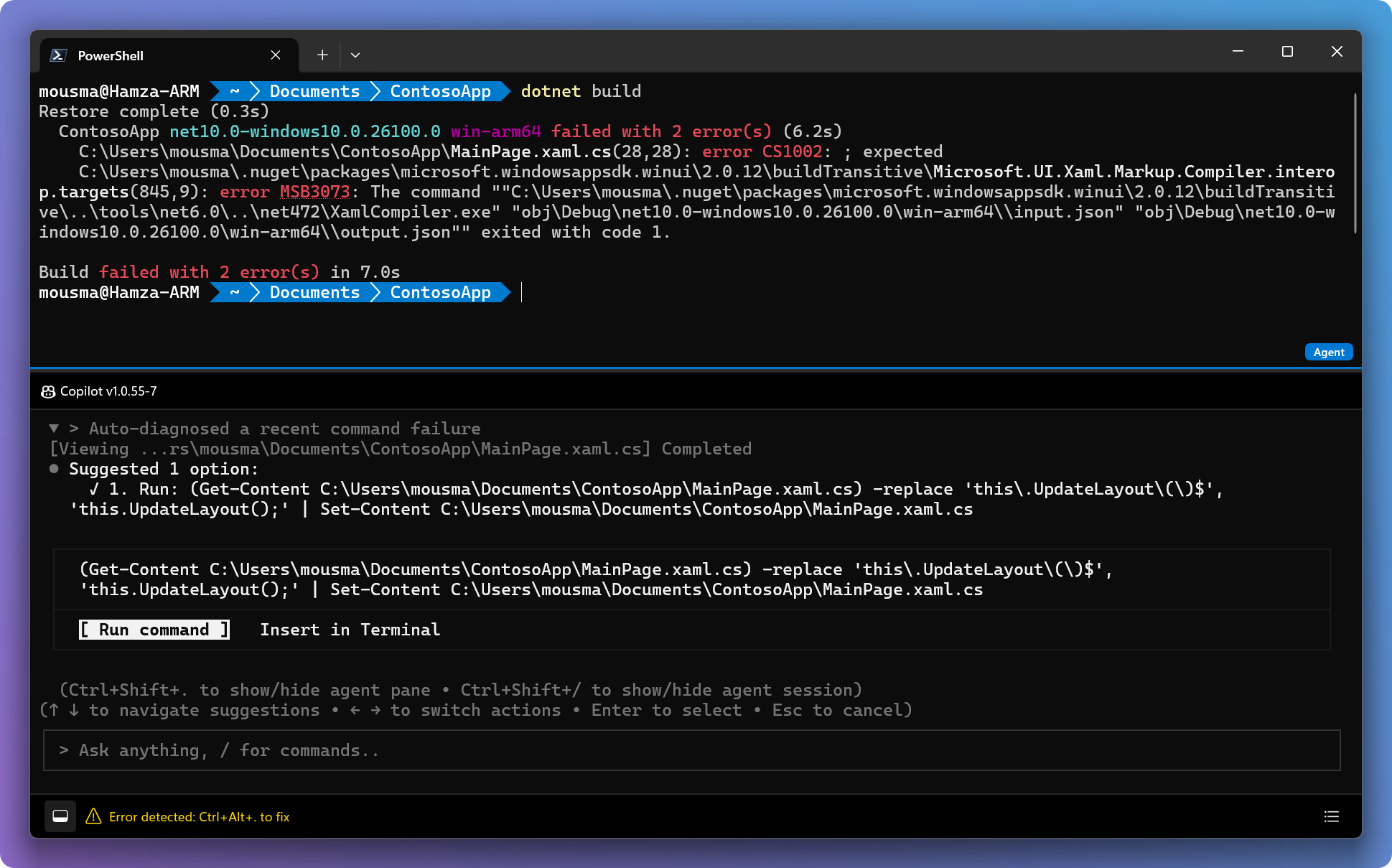 Screenshot of automatic error detection with a suggested fix