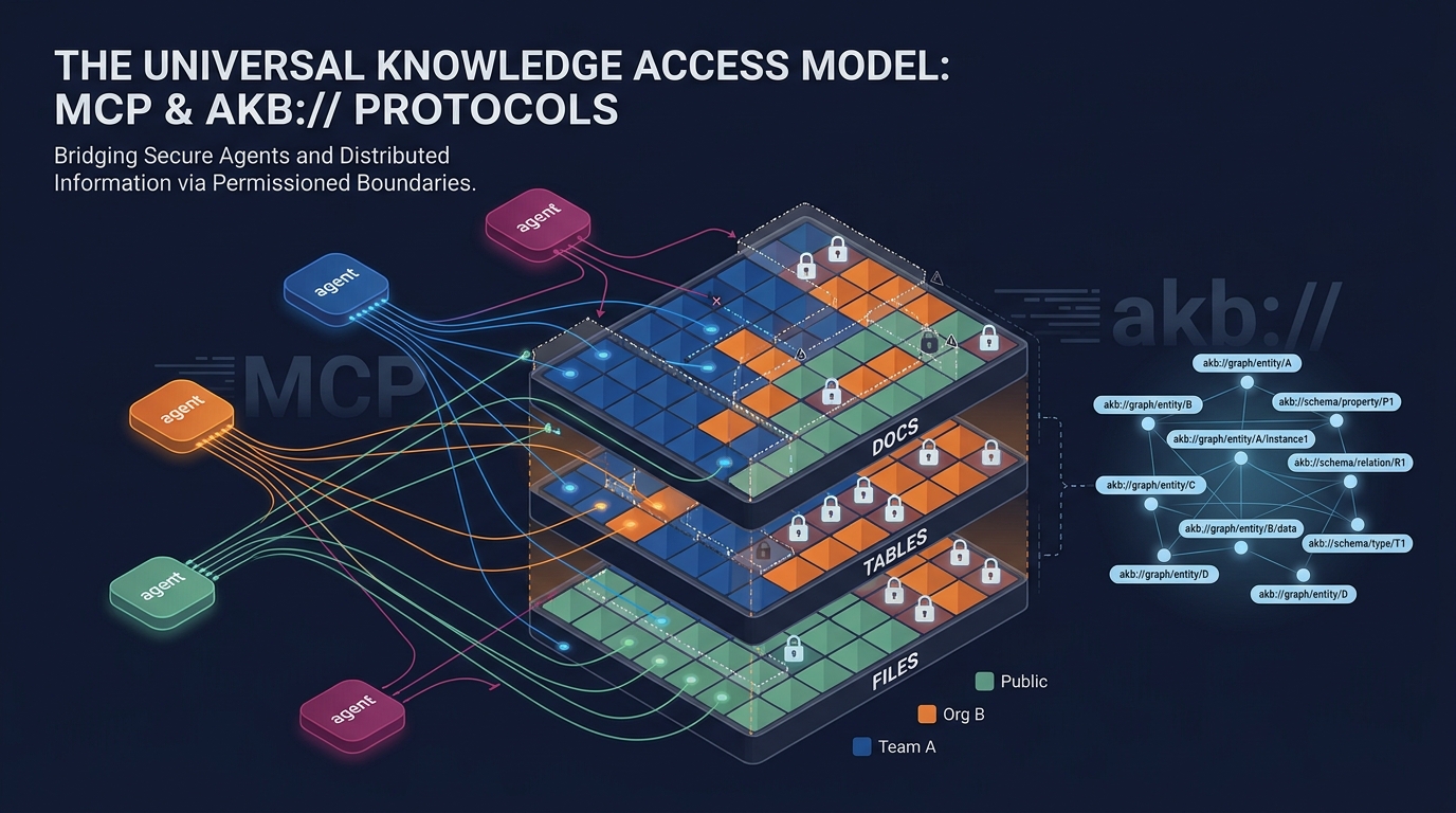 AKB — agents reading and writing into a permissioned knowledge vault of docs, tables, and files, linked by a URI graph