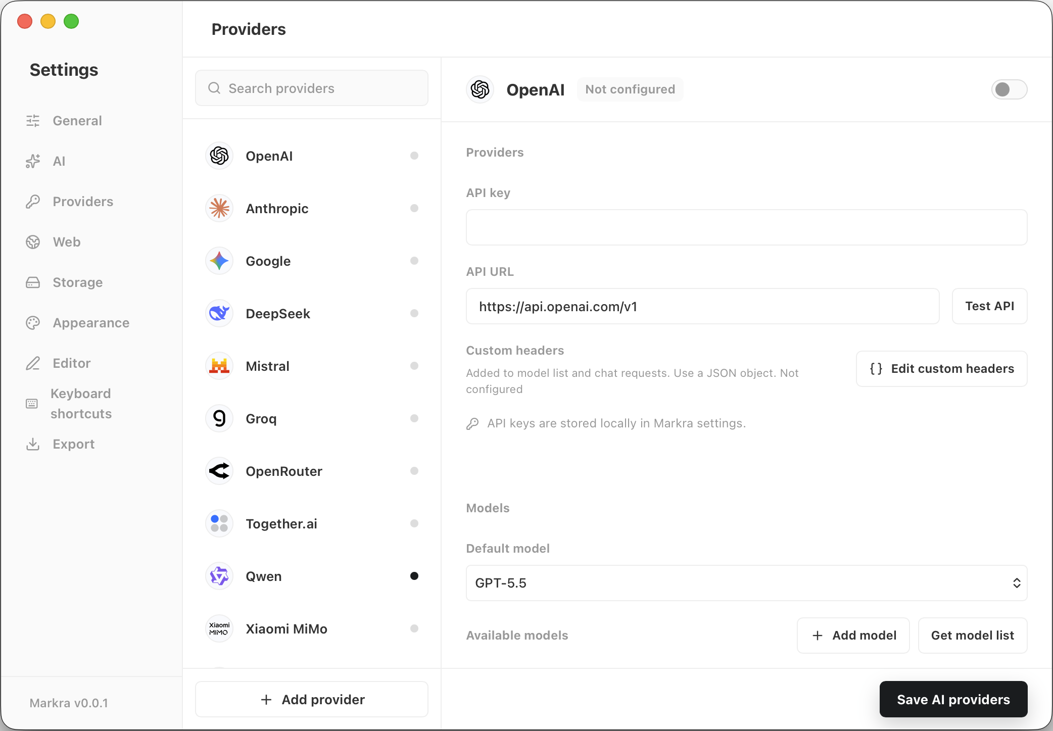 Markra AI provider settings