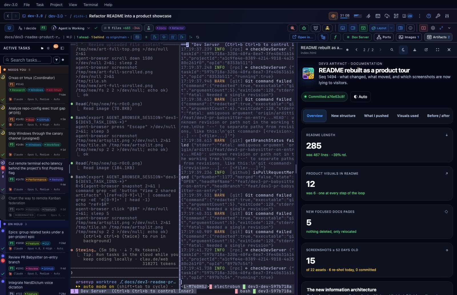 An agent-authored interactive report open in the artifact panel, beside the terminal that wrote it