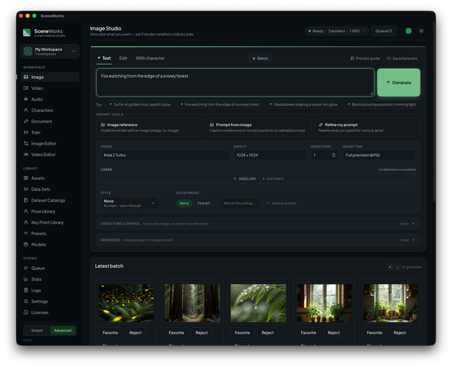 SceneWorks Advanced workspace on the desktop app