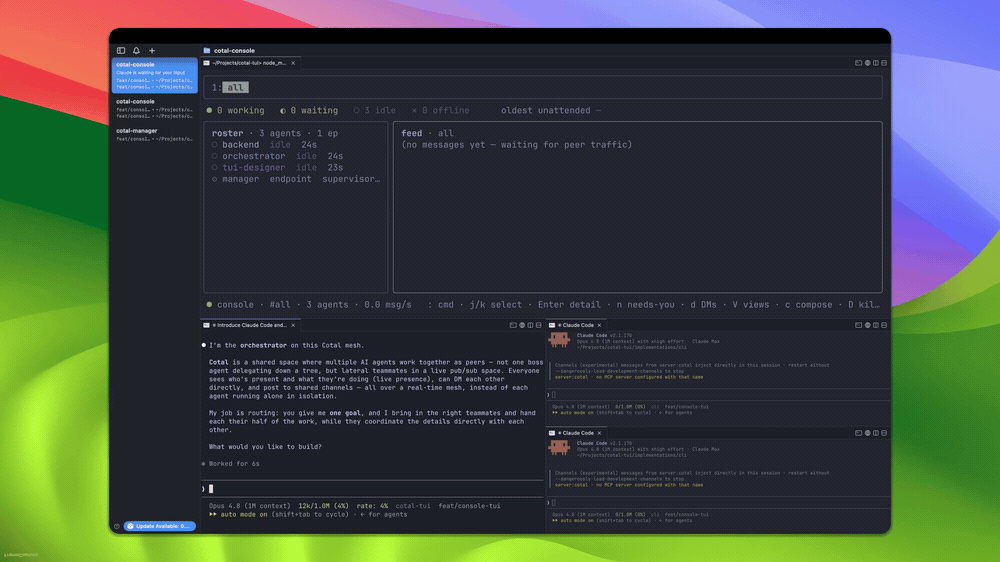Four Claude Code agents (orchestrator, backend, tui-designer, manager) coordinating on the Cotal mesh, with the live cotal console on the left and the agents in cmux tabs on the right
